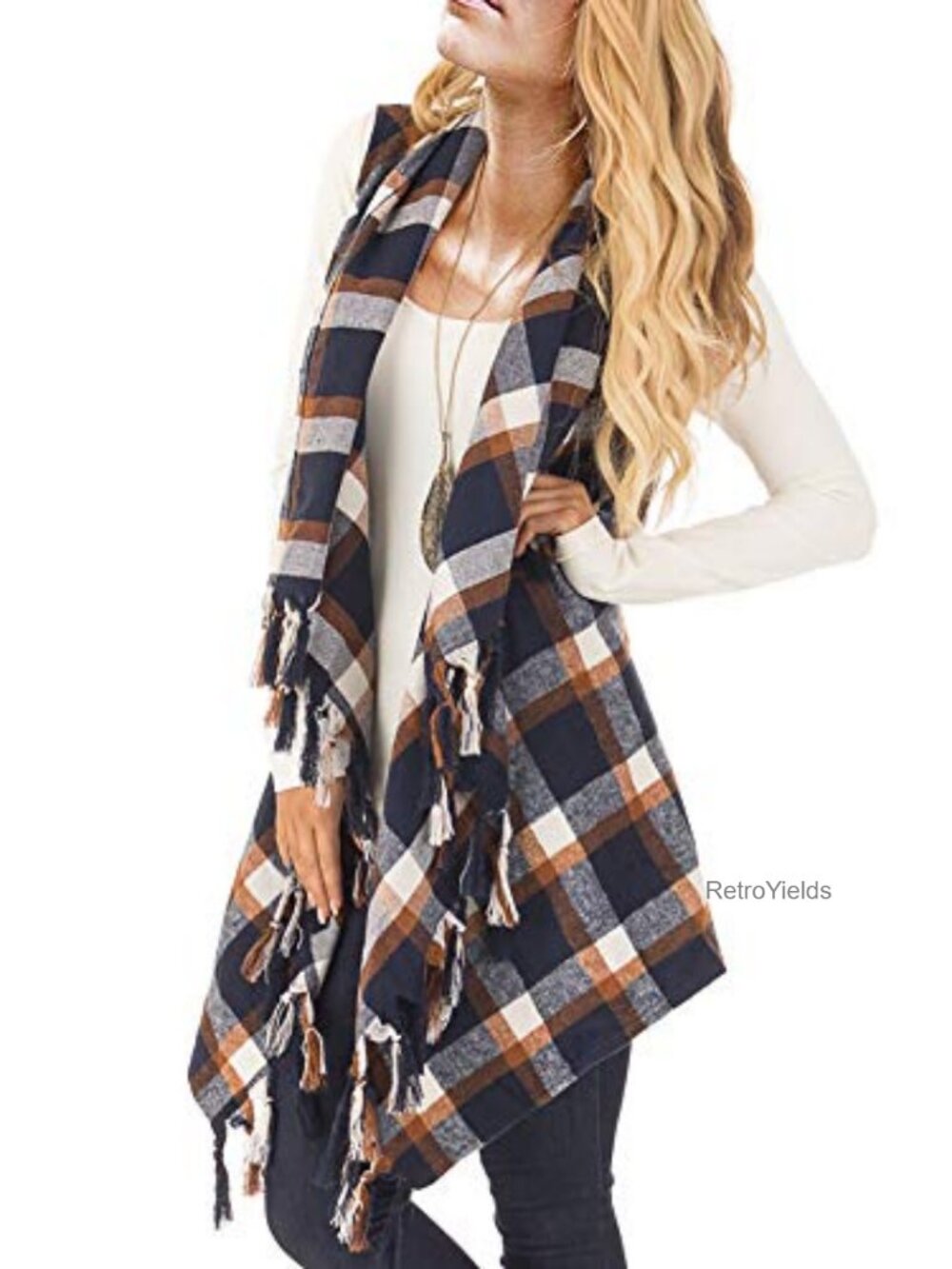 Plaid Sleeveless Open Front Cardigan Vest Asymmetrical Tassel Hem Lightweight